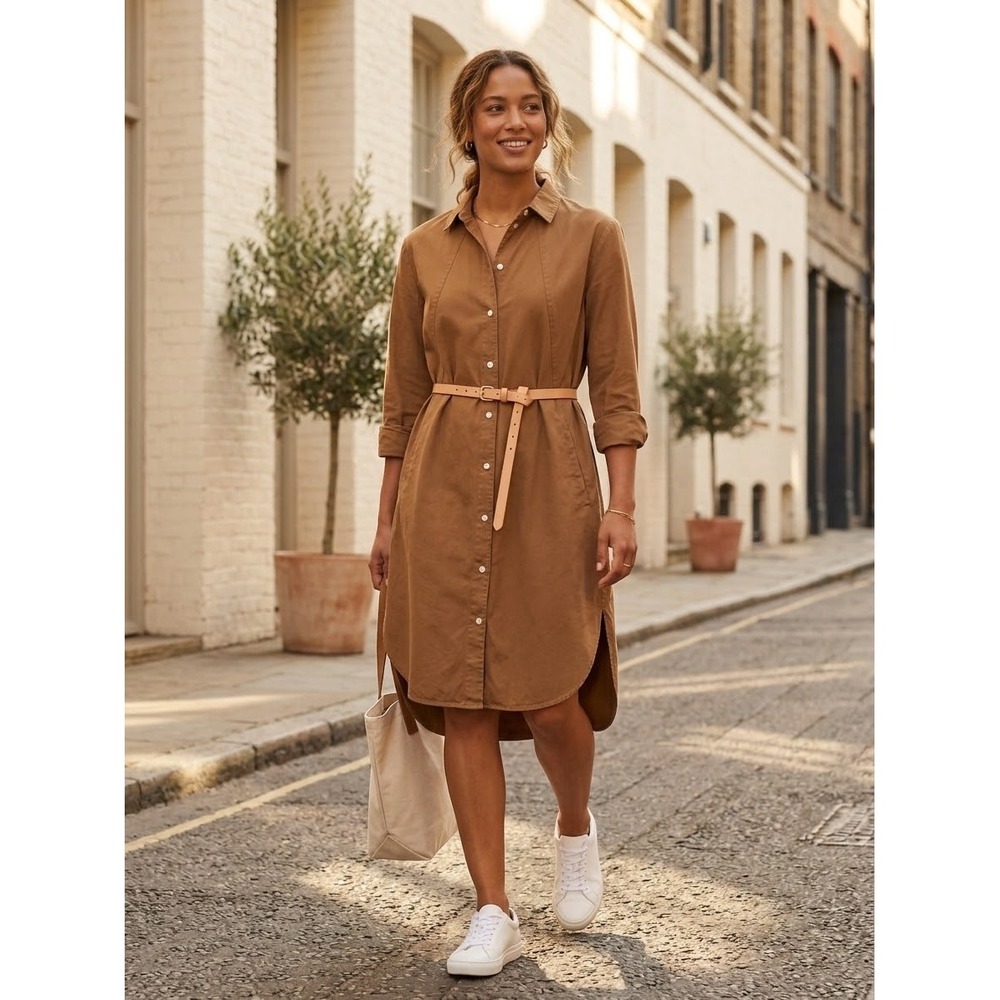 Everlane Cotton Twill Button Down Shirt Dress Brown Long Sleeve Size 00